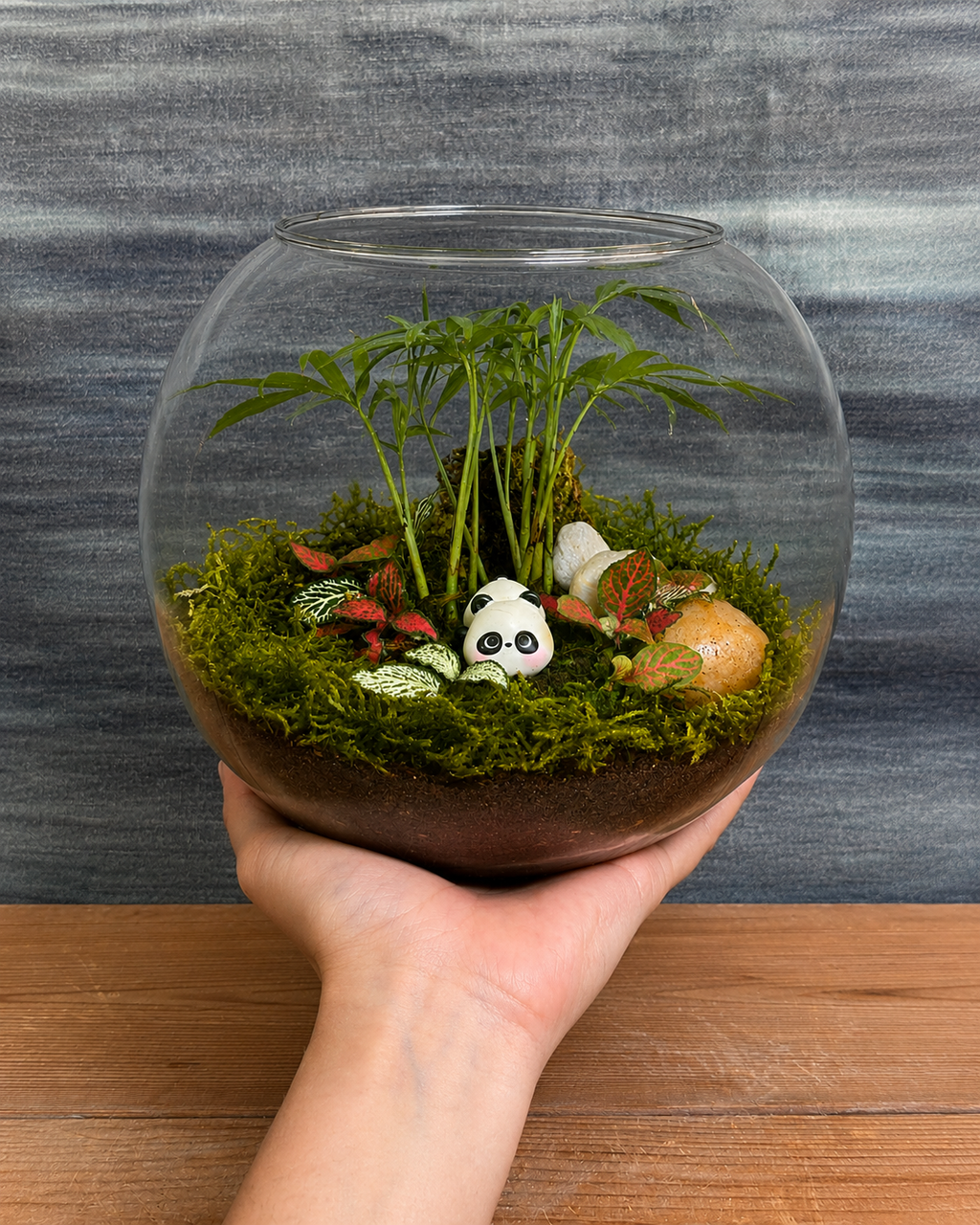 Bamboo Panda Sanctuary Terrarium from Planterie, a miniature glass terrarium with a tiny panda figurine, dwarf drum palm and pebbles arranged to look like a sanctuary, shown being held in one hand to display the compact size, perfect as a desk or shelf terrarium gift for homes and offices in Delhi