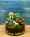 Cottage Garden Terrarium from Planterie, a miniature world of calm with delicate fittonia nestled beside a charming cottage and gentle white horse, creating a cozy tiny landscape perfect as terrarium in Delhi for centre table plant arrangements and plant gifts in Delhi for housewarmings