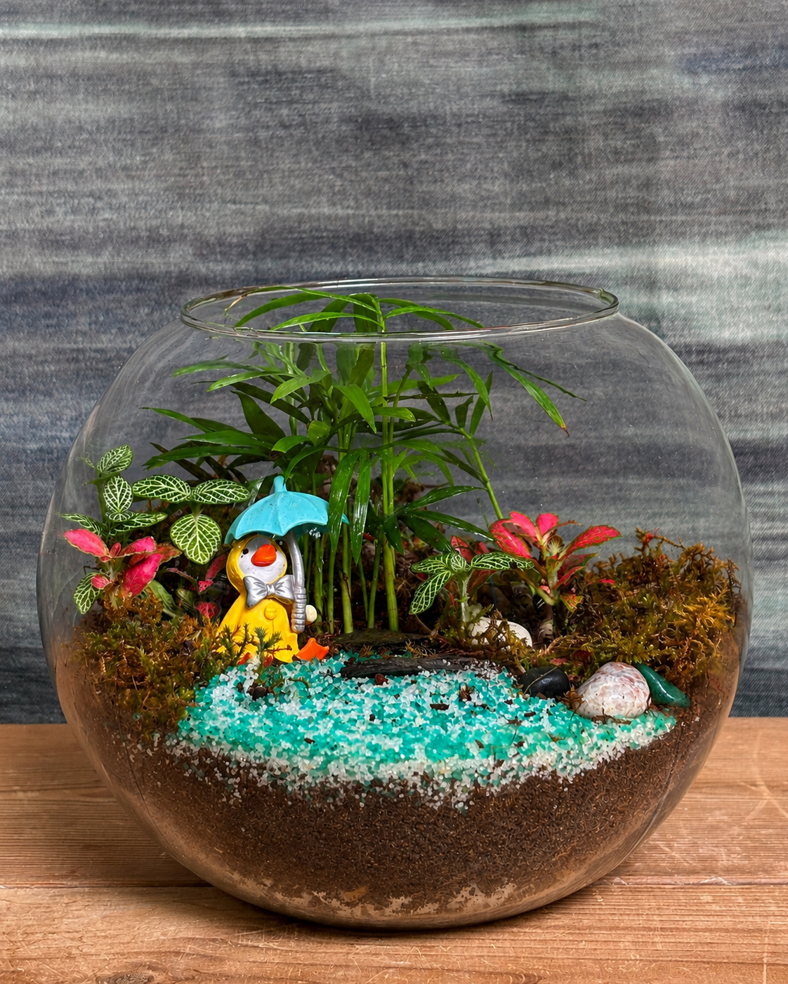 Handcrafted Donald Duck 8-inch Fish Bowl terrarium from Planterie plant studio in Delhi, a unique glass micro-garden with cute Donald Duck miniature and live plants ideal as glass terrarium for gifting, tabletop plants for gifting, indoor plants for gifting and indoor plant gifts for housewarming in Delhi