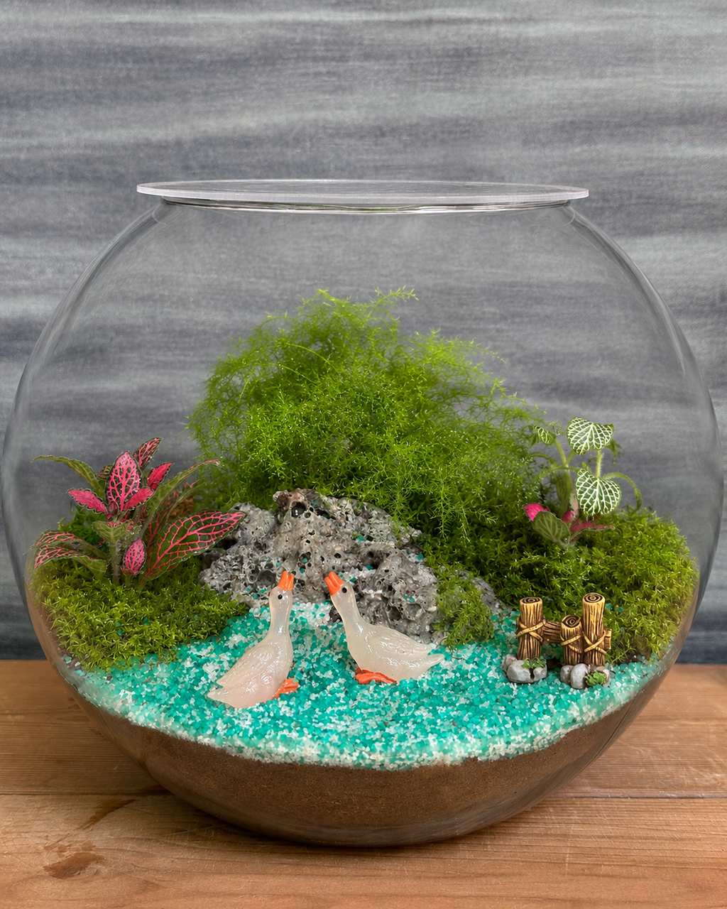 Duck Lake Terrarium with 2 duck scene from Planterie, a charming miniature world perfect for centre table plant arrangement in Delhi, minimal plant arrangements for modern homes and plant styling ideas for small Delhi apartments