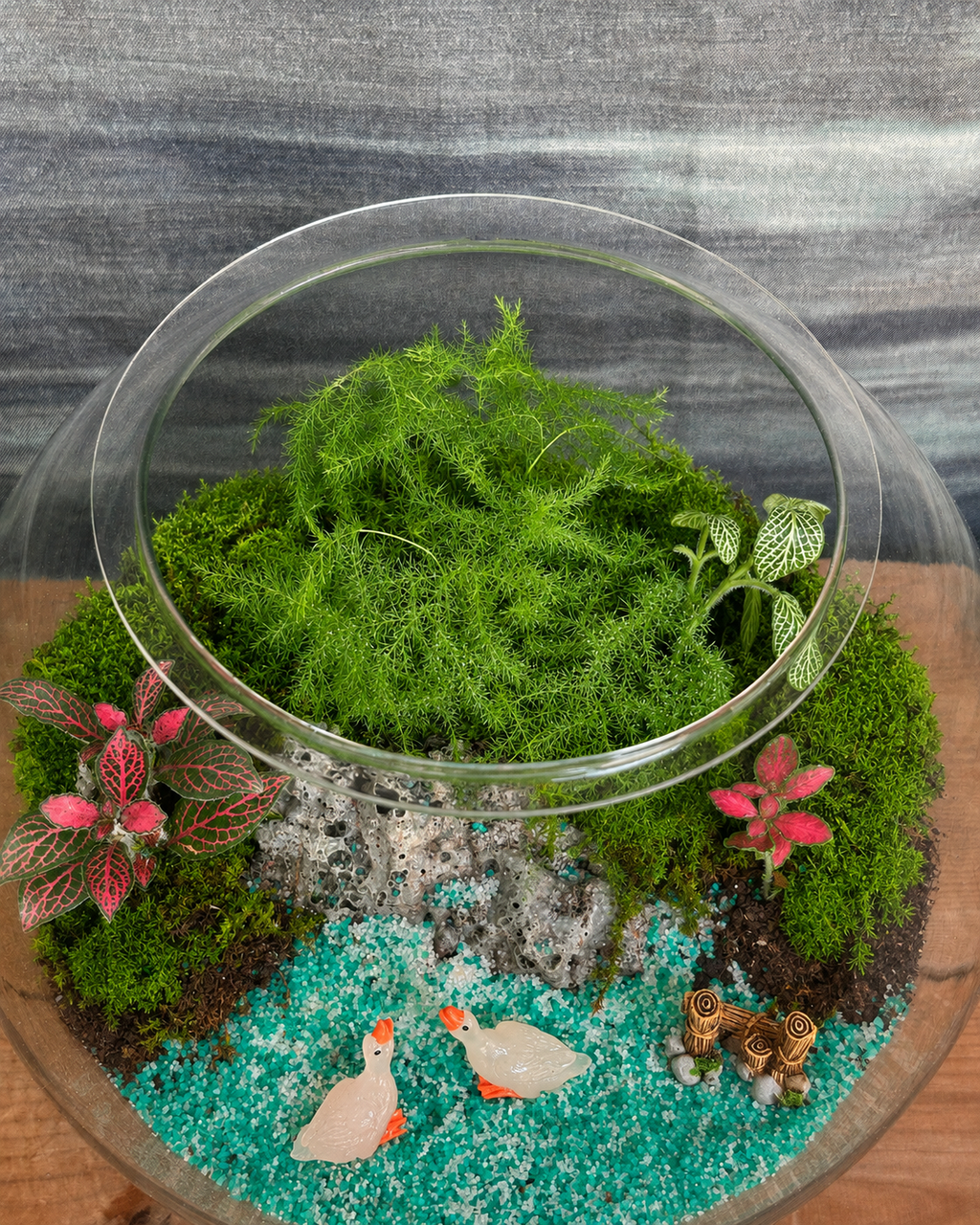 Duck Lake Terrarium with 2 duck animal miniatures and lake structure miniature from Planterie, perfect for plant styling ideas for small Delhi apartments, centre table plant arrangement in Delhi and minimal plant arrangements for modern homes, with how to keep indoor plants alive in India and how to care for terrarium in Indian weather with Plant care tips India