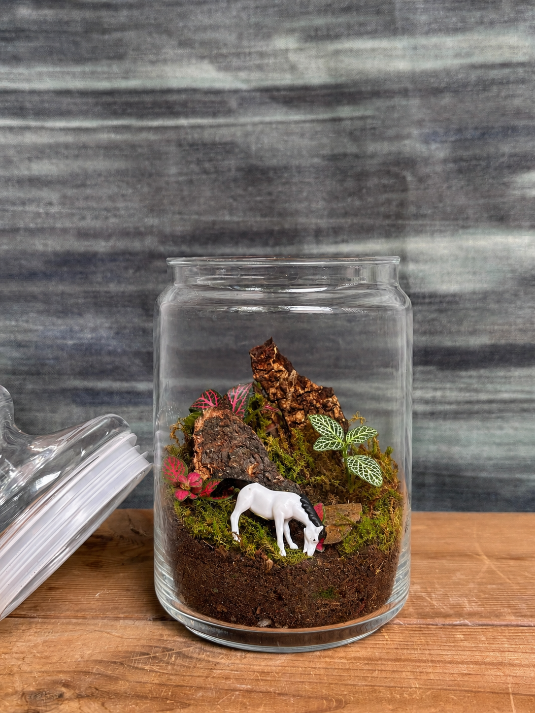 Meadow Horse Terrarium with horse miniature animal from Planterie, perfect for plant styling ideas for small Delhi apartments, centre table plant arrangement in Delhi and minimal plant arrangements for modern homes, with how to keep indoor plants alive in India and how to care for terrarium in Indian weather with Plant care tips India