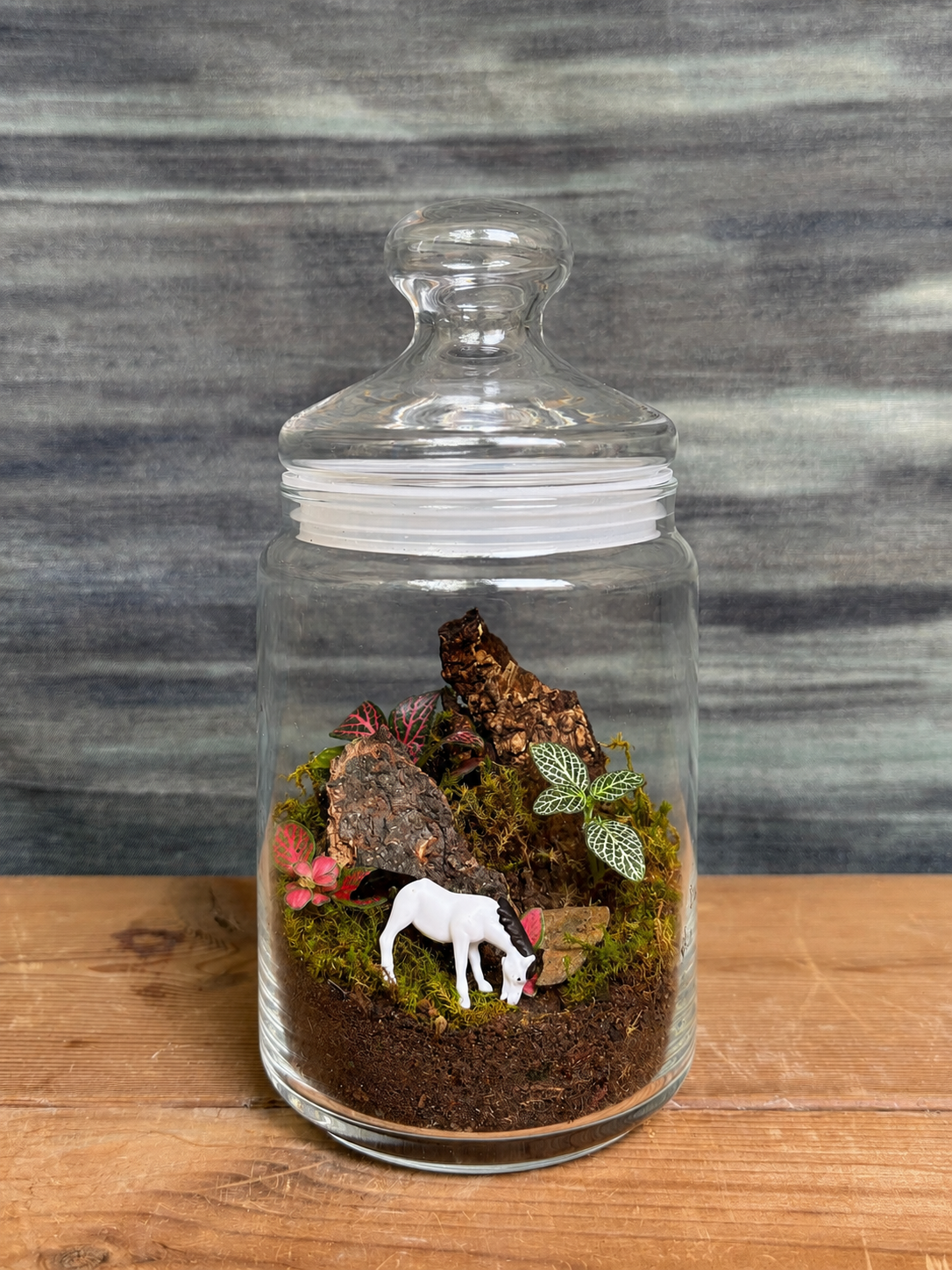 Meadow Horse Terrarium from Planterie, a handcrafted Cookie Jar glass terrarium featuring a charming horse miniature and live plants in a cozy indoor desktop micro-garden, perfect as terrarium in Delhi for plant gifts in Delhi, desktop indoor plants and plant gifting near me Delhi