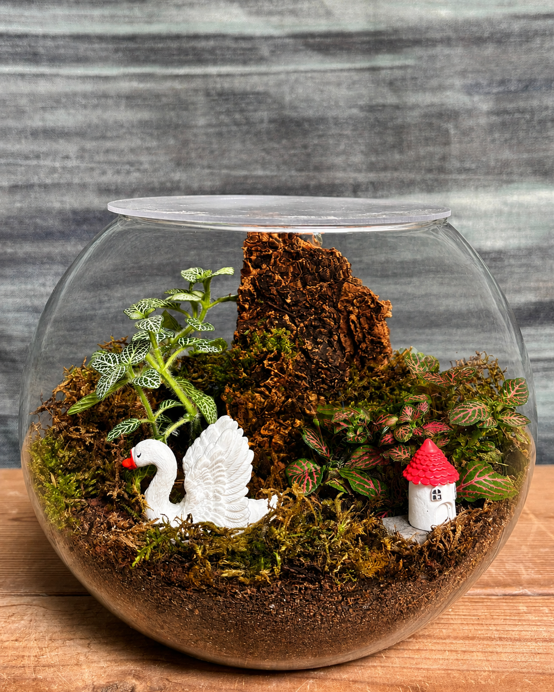 Swan & House Terrarium from Planterie, a handcrafted Fish Bowl glass terrarium featuring elegant swan miniature and charming house miniature with live plants in a cozy indoor desktop micro-garden, perfect as terrarium in Delhi for plant gifts in Delhi, desktop indoor plants and plant gifting near me Delhi