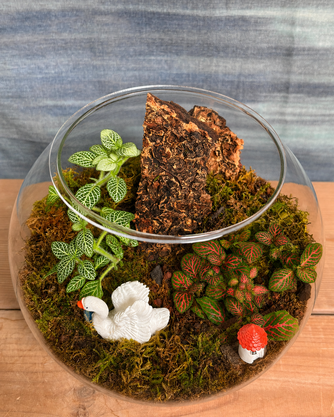 Swan & House Terrarium with swan animal miniature and house structure miniature from Planterie, perfect for plant styling ideas for small Delhi apartments, centre table plant arrangement in Delhi and minimal plant arrangements for modern homes, with how to keep indoor plants alive in India and how to care for terrarium in Indian weather with Plant care tips India